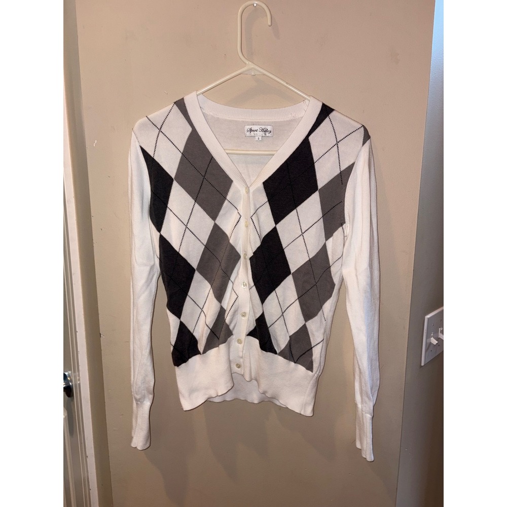 Sport Haley Womens White Grey Argyle Cotton V-Neck Button Cardigan Sweater Small